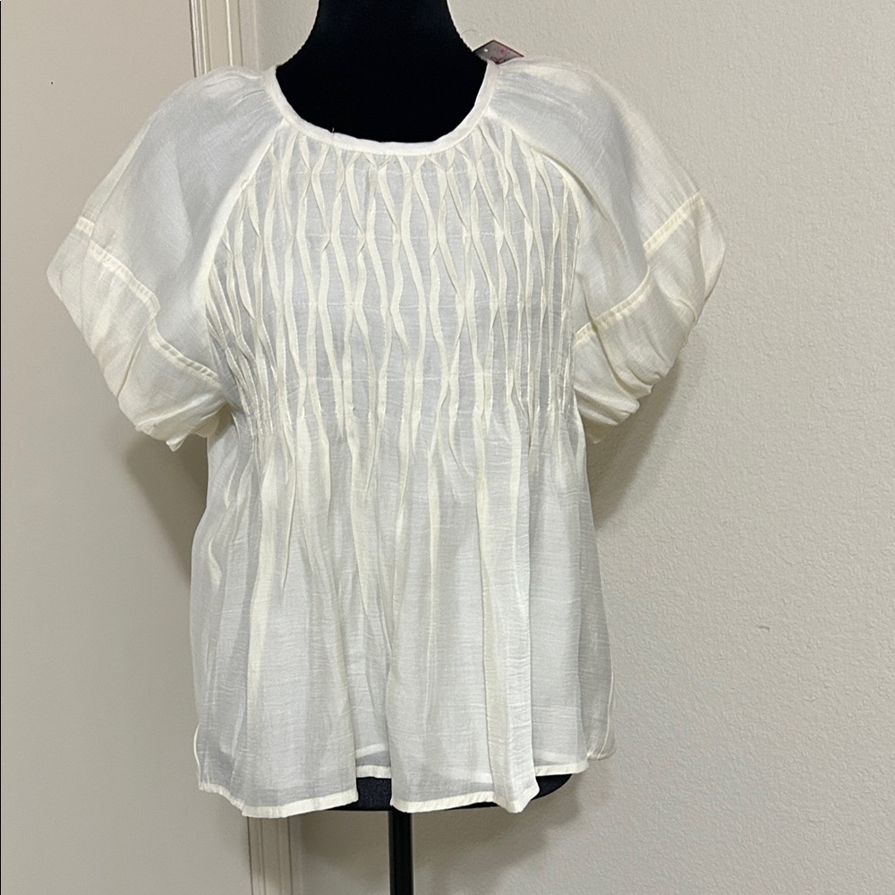 Joy Joy Off White Smocked Short Sleeve Peasant Blouse